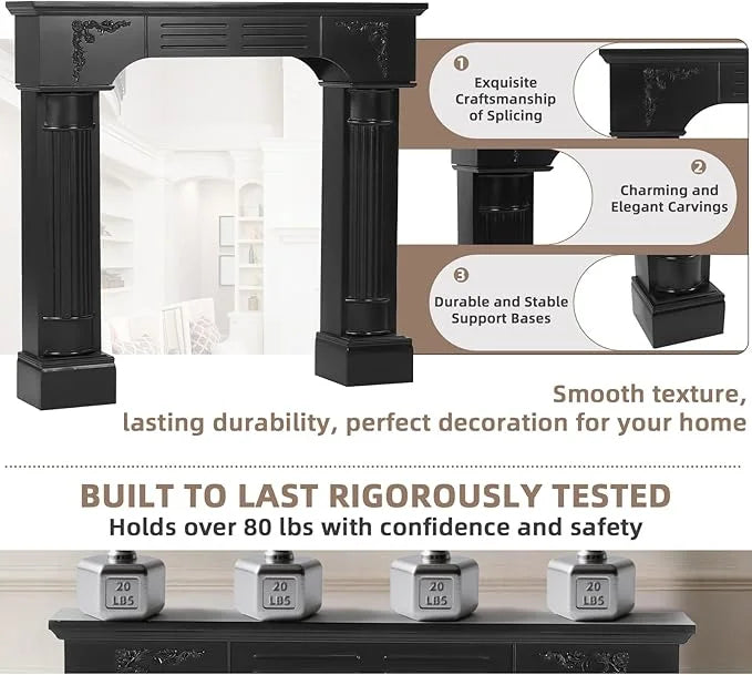 EPICOZY 43.3" Fireplace Mantel, Freestanding Fireplace Surround with Leg for Electric Fireplaces, MDF Mantel Surround with Shelf for Living Room with Decorative Pattern, Anti-Tipping & Waterproof