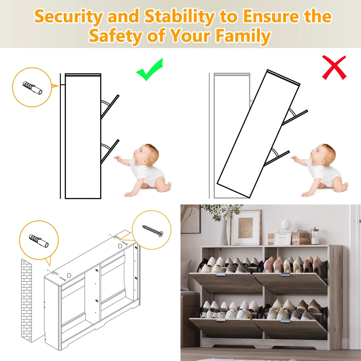 FANRAL Shoe Cabinet with 2 Flip Drawers & Open Storage,Fluted Shoe Storage Cabinet Rack Organizer with Adjustable Shelves for Entryway,Closet,Hallway,White