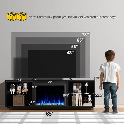 Easoger Fireplace TV Stand, 68'' TV Stand with 23" Electric Fireplace, LED Light Entertainment Center, TV Stands for 80 inch TV, Black