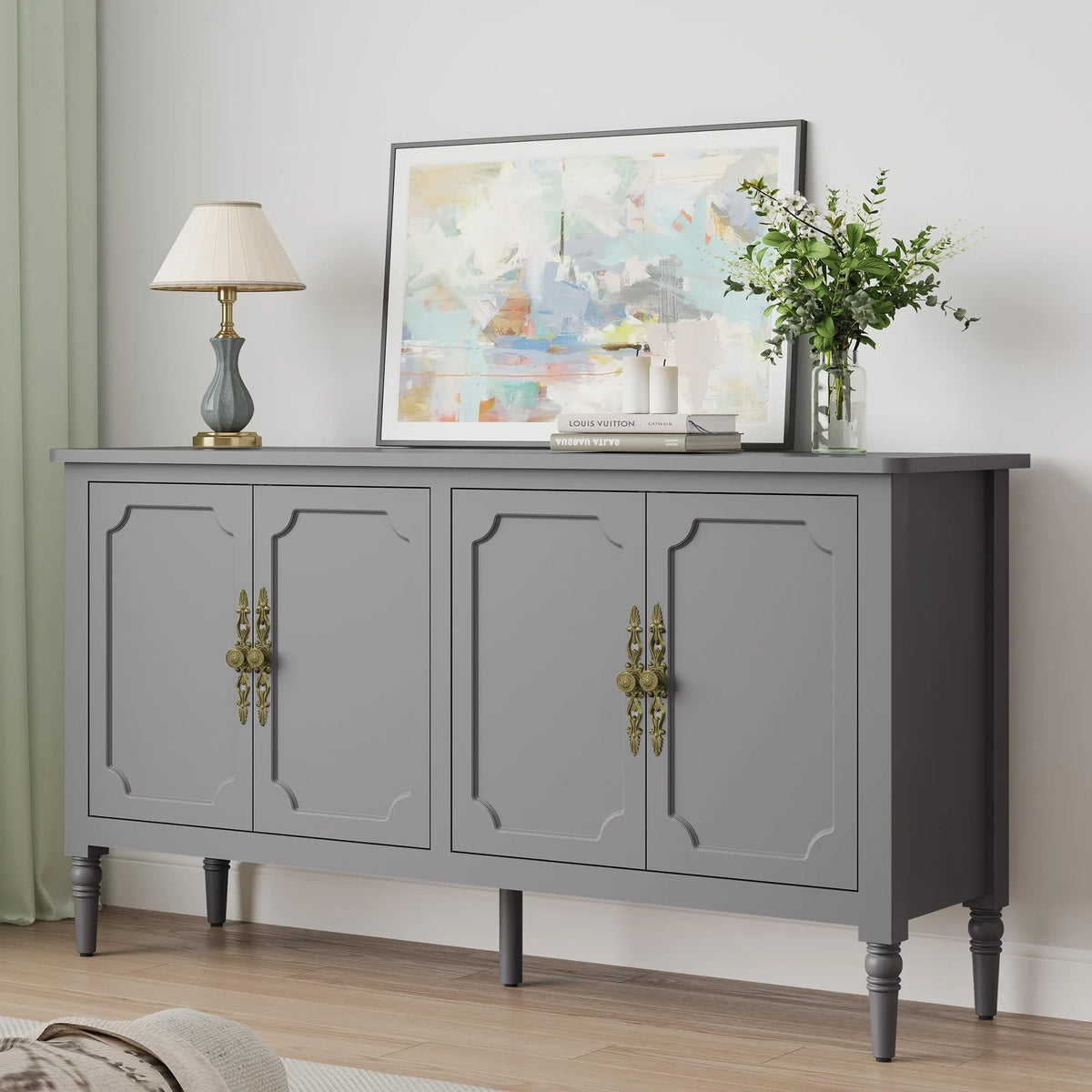 May in Color Console Cabinet, 58'' Wood Sideboard Buffet Cabinet with Storage & 4 Doors, Mid Century Modern Pantry Cabinet for Entryway, Living Room, Bedroom, Dining Room, Green