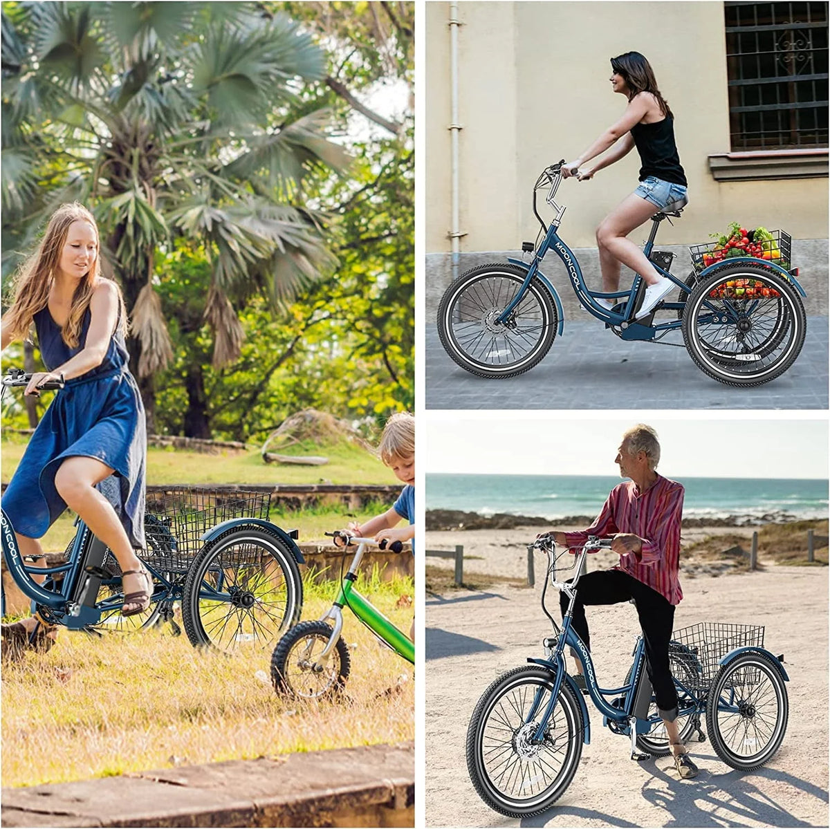 Mooncool 24" 26" 3 Wheel Electric Tricycle for Adults, 350W 36V 7 Speeds Motorized Electric Trike Three Wheel Electric Bikes Bicycle with Large Basket for Women Men