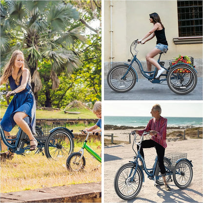 Mooncool 24" 26" 3 Wheel Electric Tricycle for Adults, 350W 36V 7 Speeds Motorized Electric Trike Three Wheel Electric Bikes Bicycle with Large Basket for Women Men