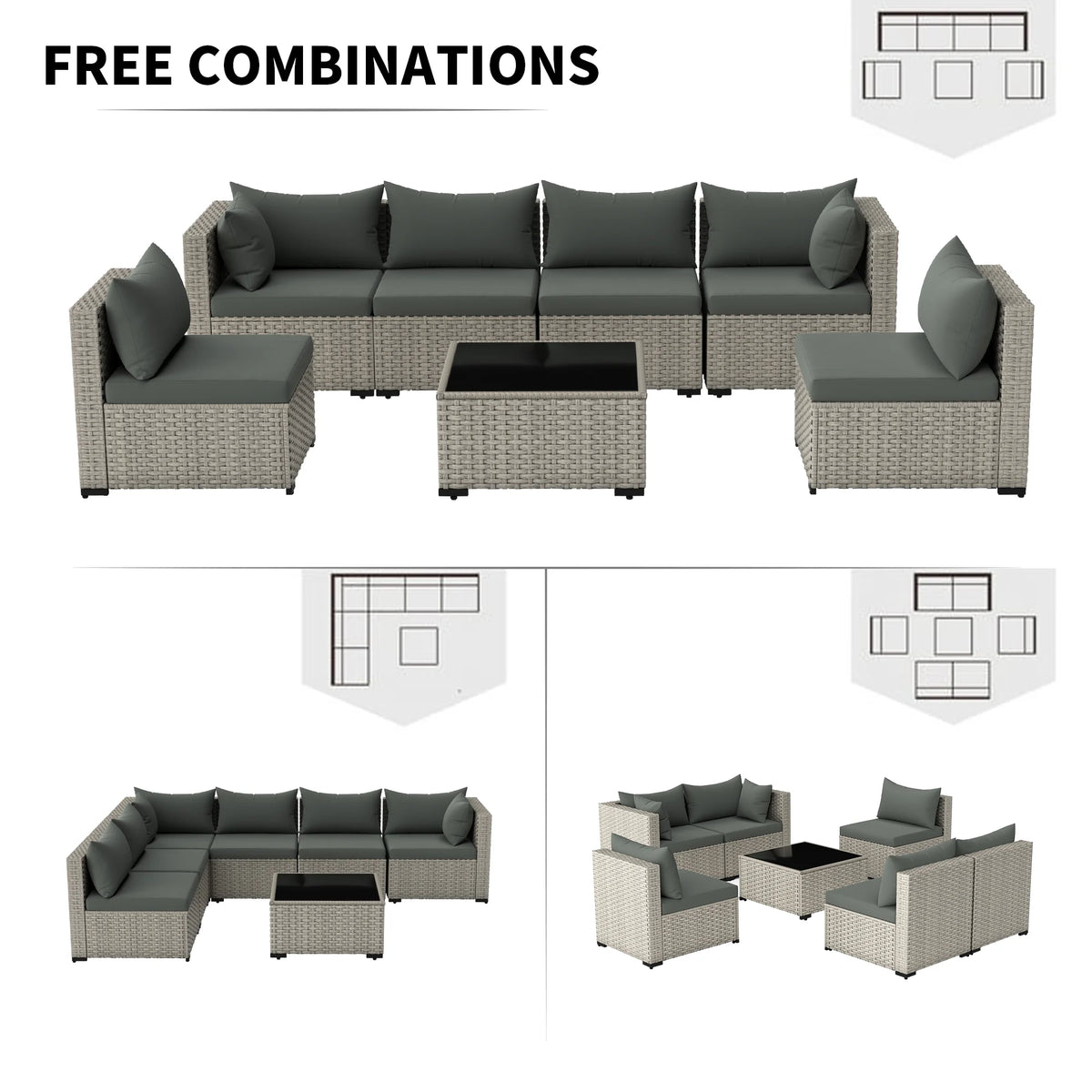 7 Pieces Patio Conversation Set, Outdoor Sectional PE Rattan Wicker Furniture Seat,Dark Gray