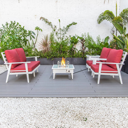LeisureMod Walbrooke Modern Aluminum 5-Piece Patio Conversation Set with Outdoor Square Fire Pit Table with Slats Design & Side Table Tank Holder (Green)