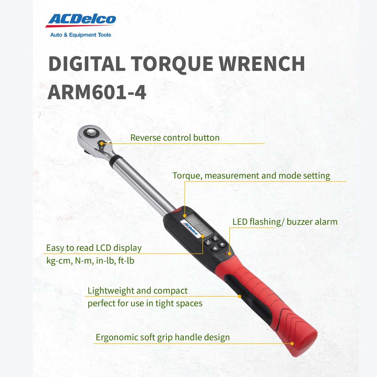 ACDelco ARM601-4 1/2" (14.8 to 147.5 ft-lbs.) Heavy Duty Digital Torque Wrench with Buzzer and LED Flash Notification-ISO 6789 Standards with Certificate of Calibration