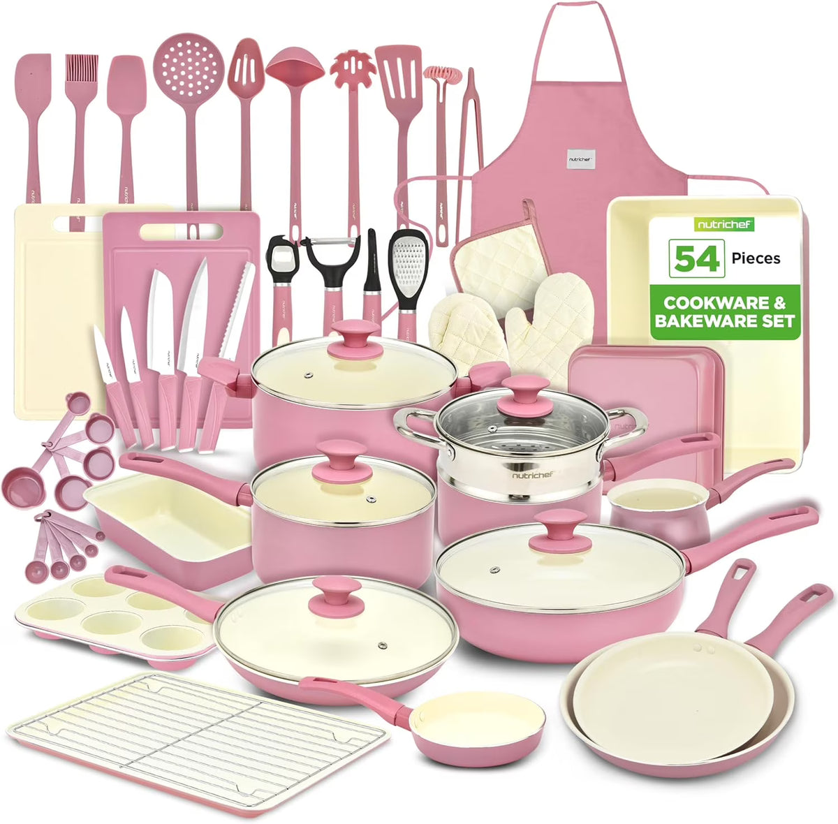 54-Piece Kitchen Cookware Set �C Complete Non-Stick Ceramic Pots and Pans Set with Utensils, Bakeware, and Knife Set, Gas, Electric & Induction Compatible, Blush Pink Kitchen Essentials