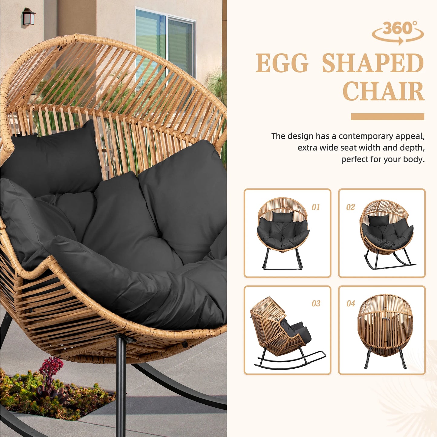 Walsunny Egg Chairs Outdoor Patio Wicker Oversized Egg Shell Lounger Lawn Chair with Cushion for Indoor Outside Porch Balcony Backyard, Original Wood Color Rattan Beige Cushion