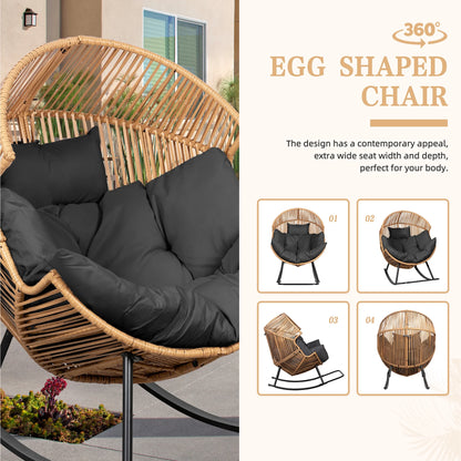 Walsunny Egg Chairs Outdoor Patio Wicker Oversized Egg Shell Lounger Lawn Chair with Cushion for Indoor Outside Porch Balcony Backyard, Original Wood Color Rattan Beige Cushion