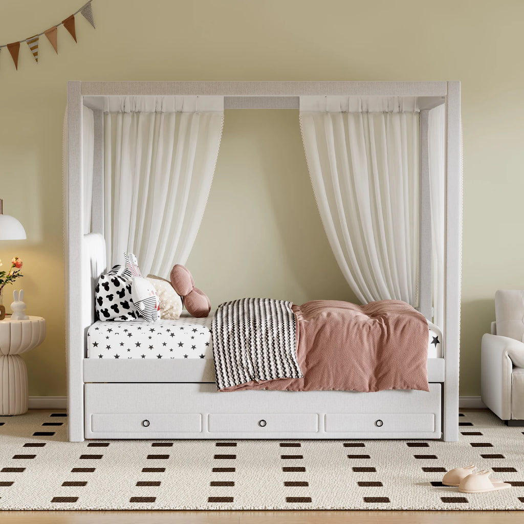 Harper & Bright Designs Twin Size Upholstery Canopy Platform Bed with Trundle and 3 Storage Drawers, Captain Platform Bed Frame with 4-Poster Canopy Roof, Beige