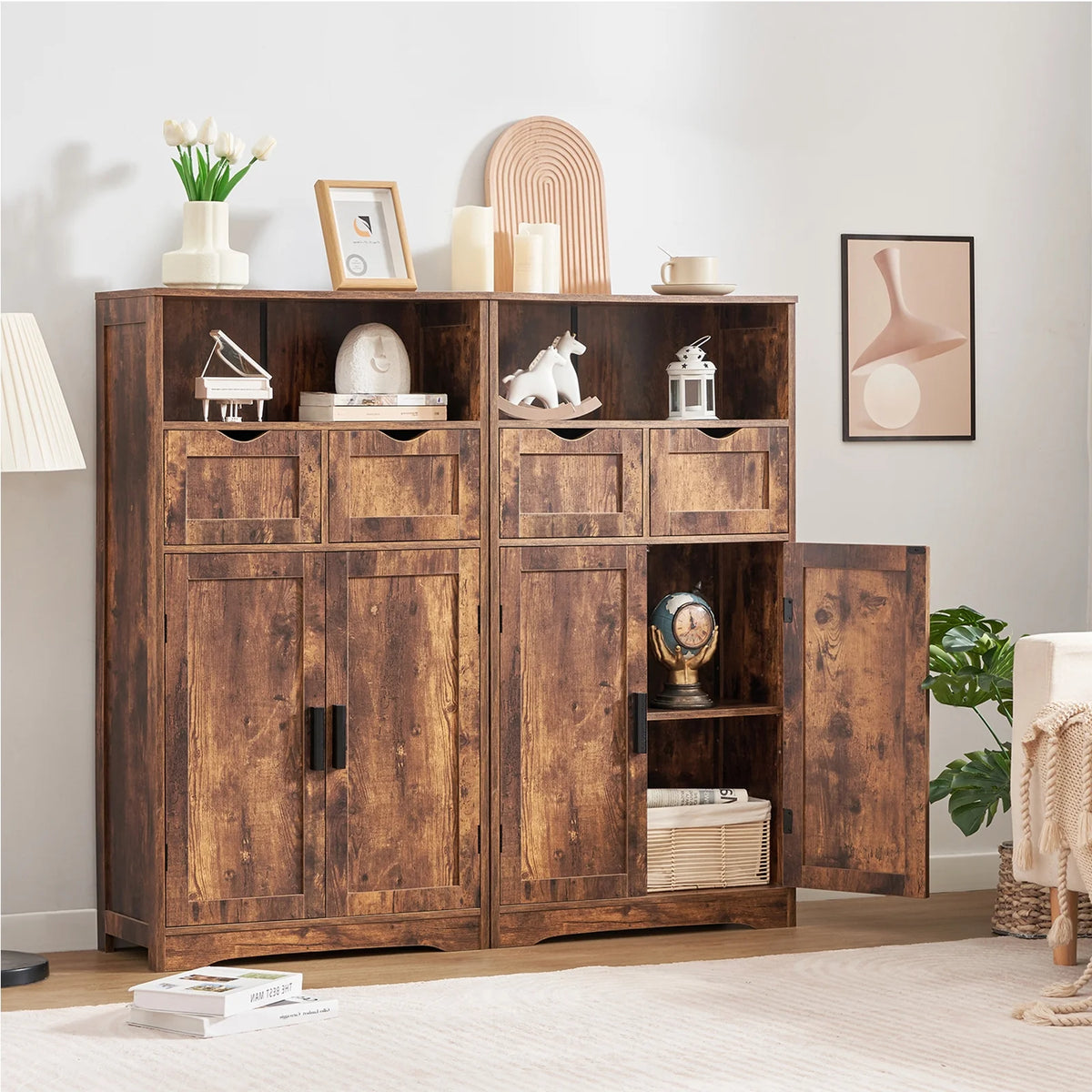 FANGSUM Rattan Storage Cabinet with 2 Drawers & 2 Shelves, Floor Cabinet for Living Room