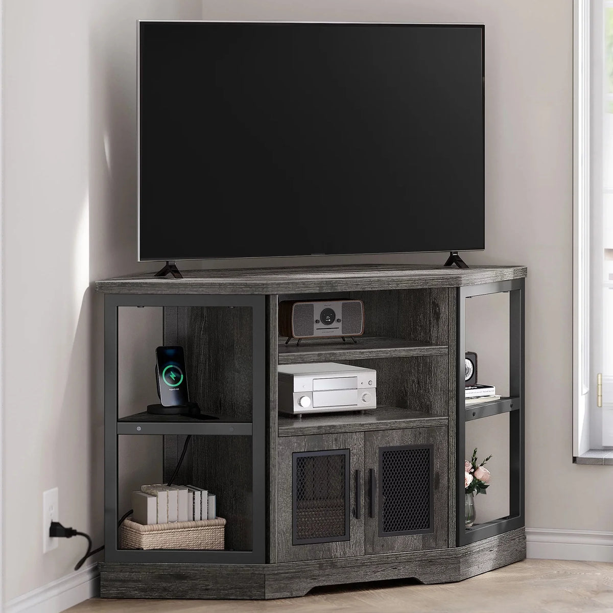 Dextrus Farmhouse Corner TV Stand for TVs up to 55 inch with Power Outlet, Wood Entertainment Center, TV Media Console with Storage, White Oak