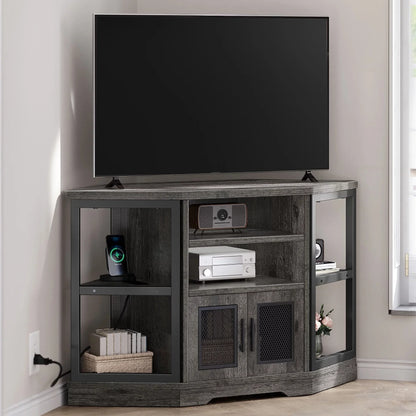 Dextrus Farmhouse Corner TV Stand for TVs up to 55 inch with Power Outlet, Wood Entertainment Center, TV Media Console with Storage, White Oak
