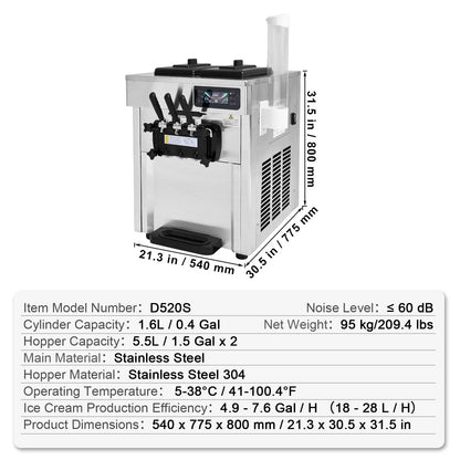 KFFKFF Commercial Soft Ice Cream Machine 18-28 L/H 5.5L*2 Cylinder 3-Flavor Serve Ice Cream Maker