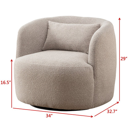 34" Wide Boucle Swivel Barrel Chair, No Assembly Round Upholstered Armchair Accent Chair Single Sofa Chair with Toss Pillow for Living Room and Bedroom, Taupe