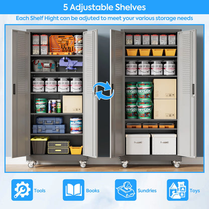 SUPEER Metal Rolling Storage Cabinets with Locking Doors and 5 Adjustable Shelves, Steel Garage Storage Cabinet for Garage, Office, Classroom, Assemble Required(Black)