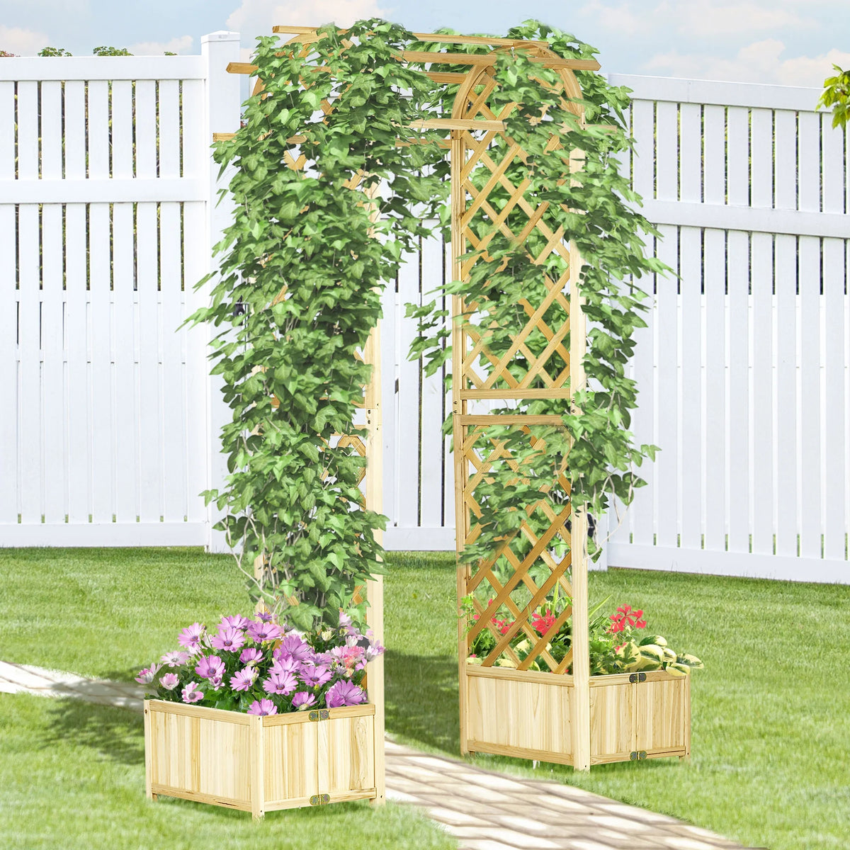 CAMSCH 85'' Premium Outdoor Wooden Arbor Arch with Trellis, Straight top, Pergola Arch for Climbing Plants, Wood Garden Yard Lattice, Wedding Arch for Ceremony, 63''(L) x 26''(W) x 85''(H)