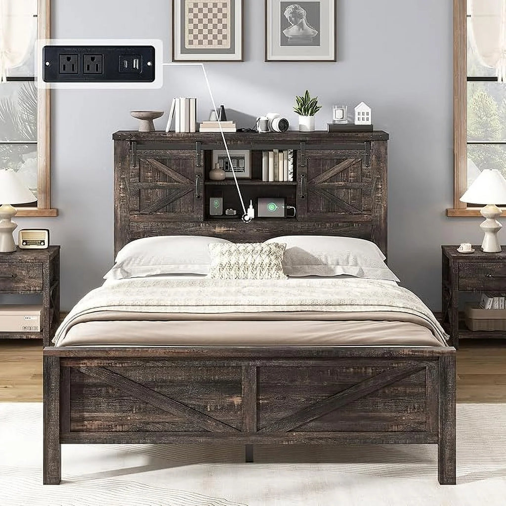 Merluxy Farmhouse Full Bed Frame with Storage Bookcase & Charging Station, Bedroom Furniture, Grey