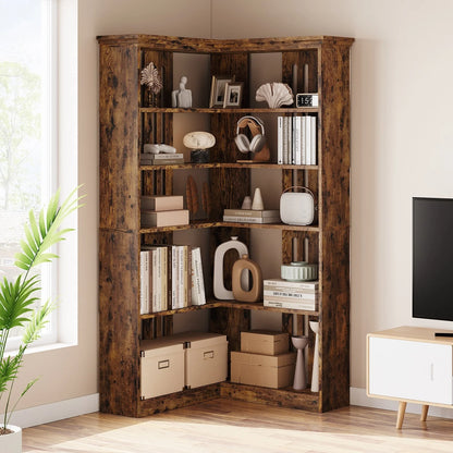 EuKer 5 Tier Corner Bookcase, L-Shaped Bookshelf with Large Storage Capacity for Living Room, Bedroom, Office (Half Panel, Retro Brown)