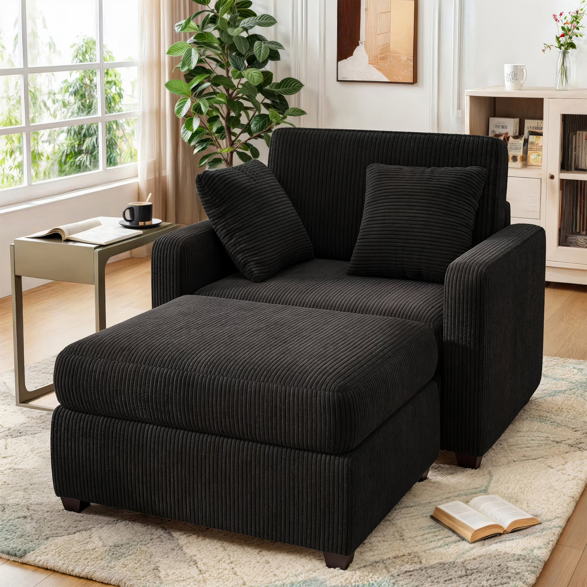 LUMIHO Chaise Lounge Chair Indoor, 42" Sleeper Chair with Two Throw Pillows and Armrests, Corduroy Chaise Couch Chair with Ottoman for Living Room, Bedroom, Apartment, Green