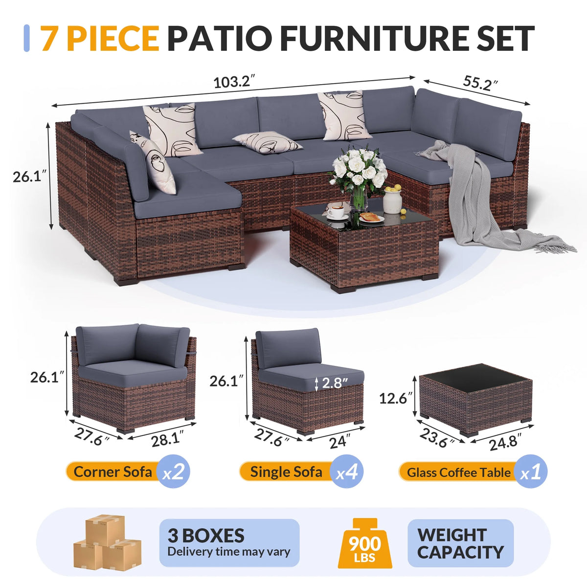 ELPOSUN 7 Pieces Patio Furniture Set, Outdoor Furniture Sectional Rattan Sofa for Backyard Garden Dark Grey