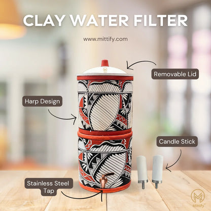 Mittify Handmade Clay Water Filter with Lid & Metal Tap | Earthen Harp Design Water Filter | Eco-Friendly Clay Filter (676oz/20L)