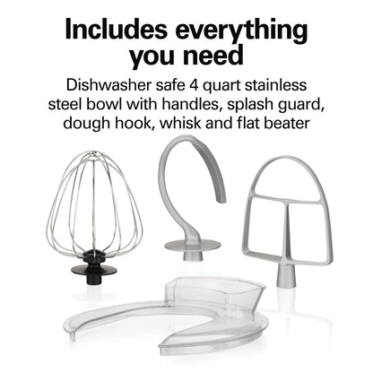 Hamilton Beach 4 Quart Stand Mixer for Kitchen, 7 Speeds, Tilt-Head, Dough Hook, Whisk & Flat Beater, Black