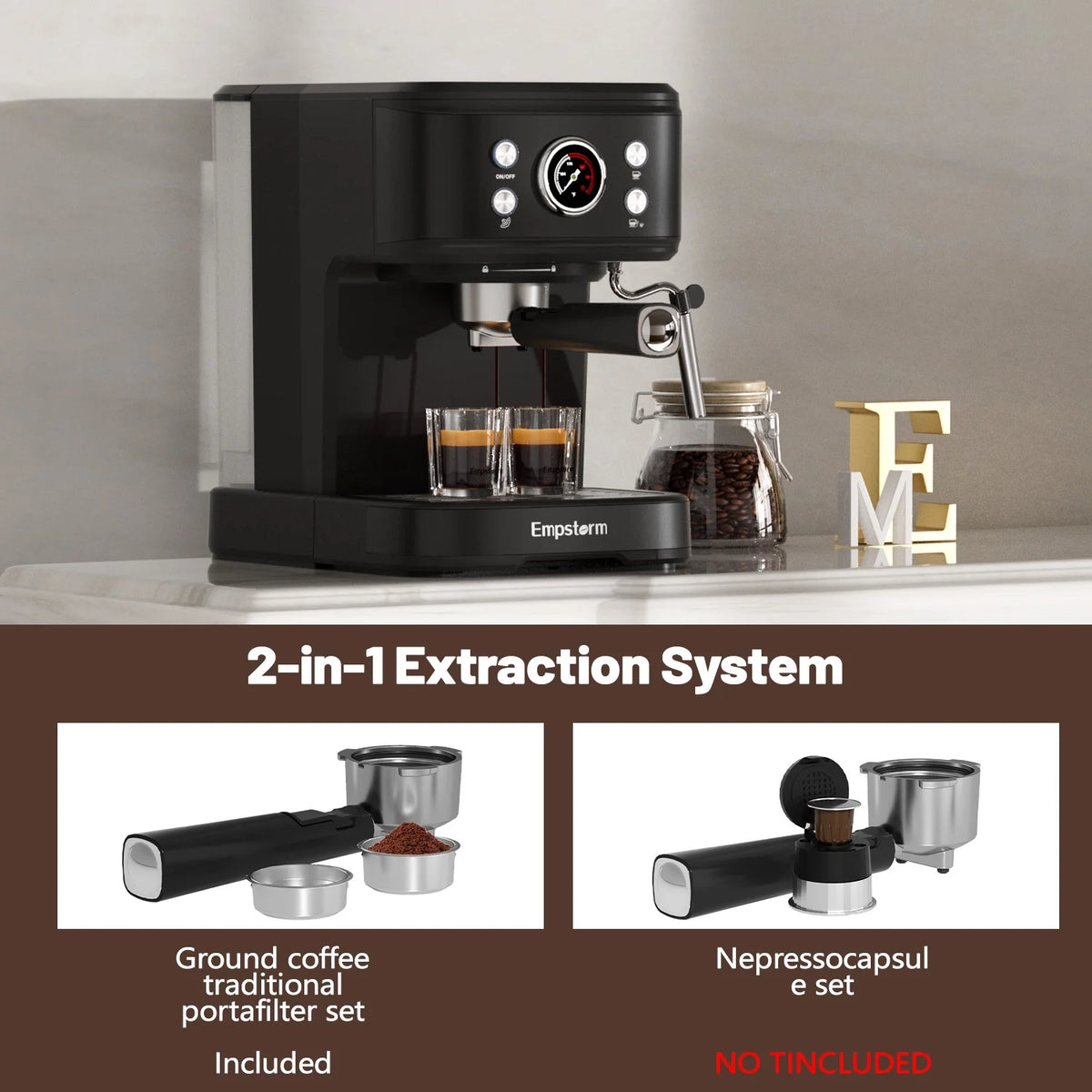 Empstorm 20 Bar Espresso Machine with Milk Frother Steam Wand, 3-in-1 Coffee Maker, Compatible with NS Pods, Stainless Steel, for Latte & Cappuccino, Beige