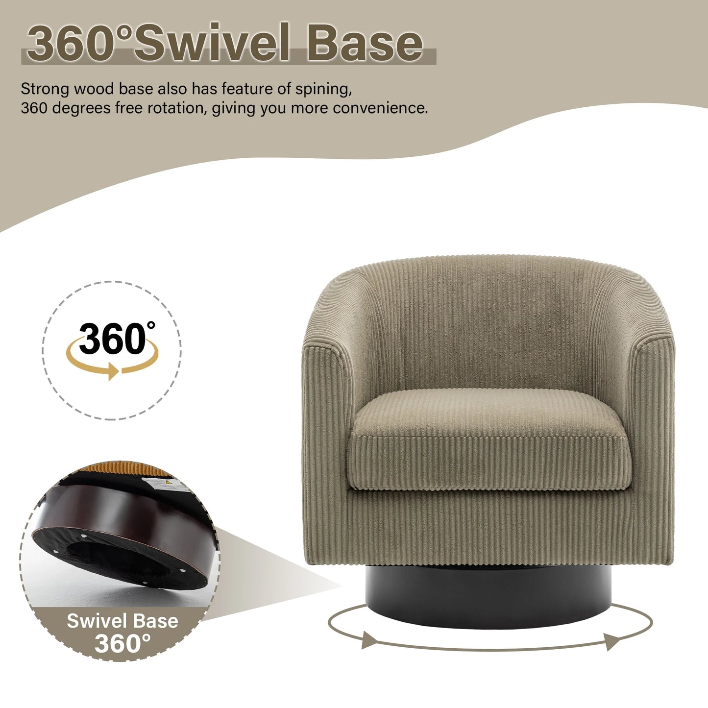UIXE Swivel Accent Chair, Upholstered Fabric Barrel Chair for Living Room, Small Single Sofa Bedroom Reading Seat, Light Gray
