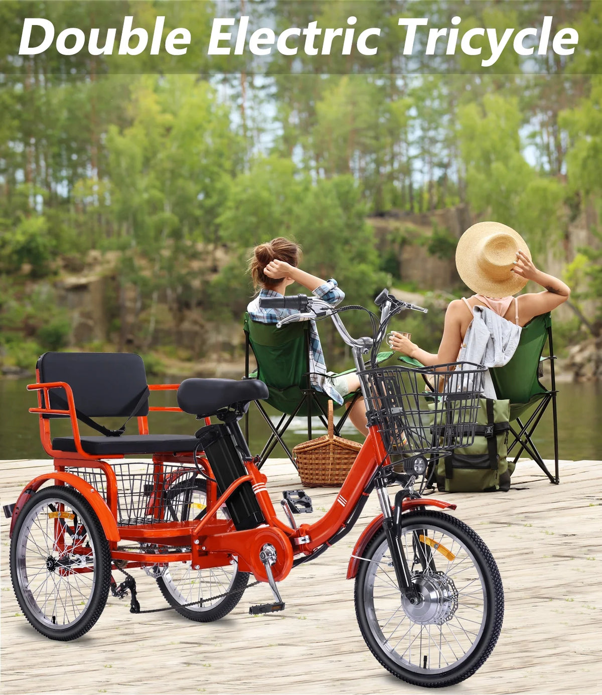 NOMIGO Electric Tricycle for Adults Folding Electric Trike 3 Wheel Electric Trike with Two-seater Large Basket Super Powerful Brushless 350W Motor 48V13AH Lithium Battery Max 20MPH E-Tricycle Orange