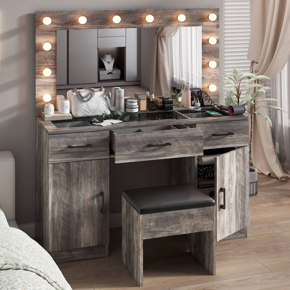 Ktaxon Large Makeup Vanity, Vanity Table Set w/ Visible Glass Top w/ Charging Station, White
