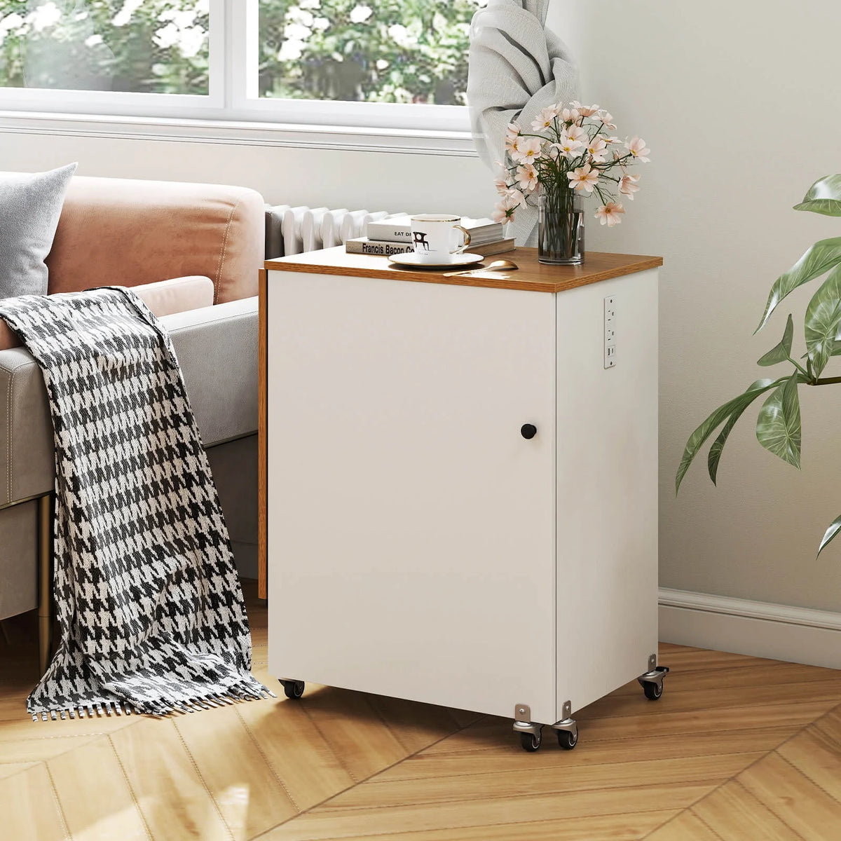 Costway Folding Sewing Table Rolling Craft Station with 3 Storage Bins & Charging Station White+natural