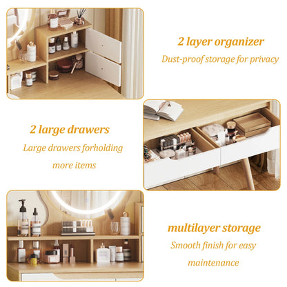 Montary Modern Mini Vanity w/Adjustable LED Mirror + Hidden Storage, Padded Stool & Dustproof Shelves (White)