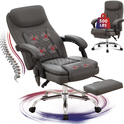 JONPONY Big and Tall Office Chair 500LBS Executive Office Chair Massage and Footrest Ergonomic Computer Desk Chair Reclining High Back Leather Office Chair Lumbar Back Support Swivel Rolling,Black