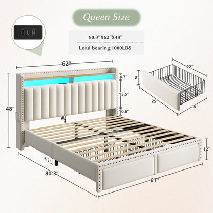 EnHomee Upholstered King Size Bed Frame with Headboard and Storage King Bed Frame with 2 Drawers,Grey