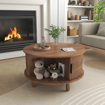 RUMLIVE Round Coffee Table with Storage, 30.7" Modern Coffee Table with 360�� Curved Sliding Door, Fluted Wood Coffee Table with Footpads, Round Center Table for Living Room, Black