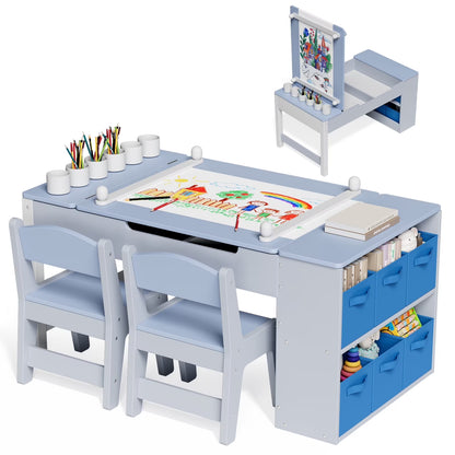 LAZY BUDDY Kids Art Table and 2 Chairs Set, 2 in 1 Easel & Toddler Craft Table and Chairs Set with Storage Bins, Paint Cups and Paper Roll, Activity Table Set for Children 3+