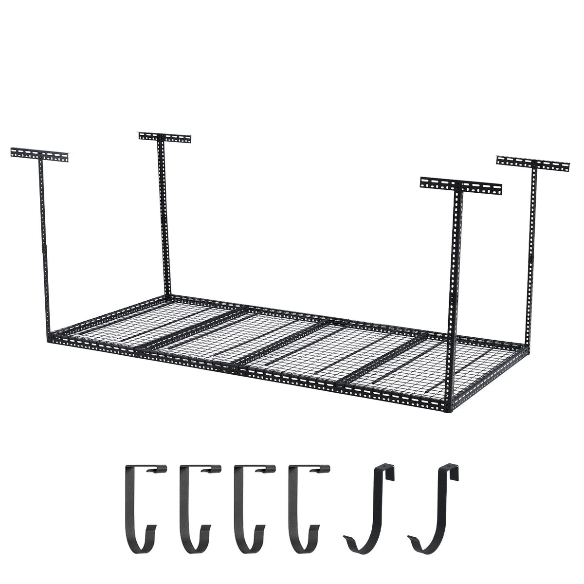 Overhead Garage Storage Rack - Heavy Duty 300kg Capacity, Adjustable 56-100cm Height, 180x120cm Black Steel Shelving with Hooks for Garage Organization