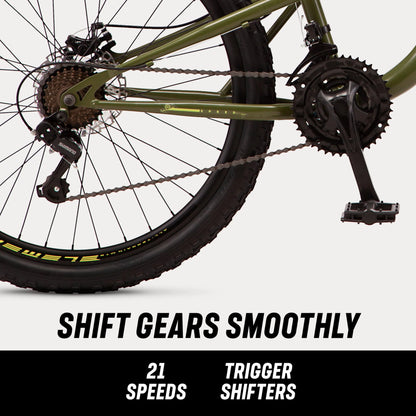 Mongoose Bash Suspension mountain bike, 21 speeds, 26-inch wheels, green