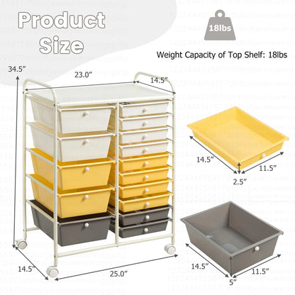Costway 15 Drawer Rolling Storage Cart Tools Scrapbook Paper Office School Organizer White