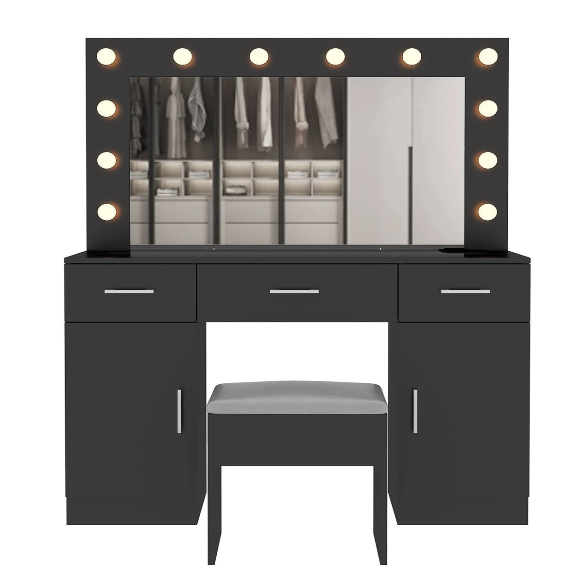 Ktaxon Large Makeup Vanity, Vanity Table Set w/ Visible Glass Top w/ Charging Station, White