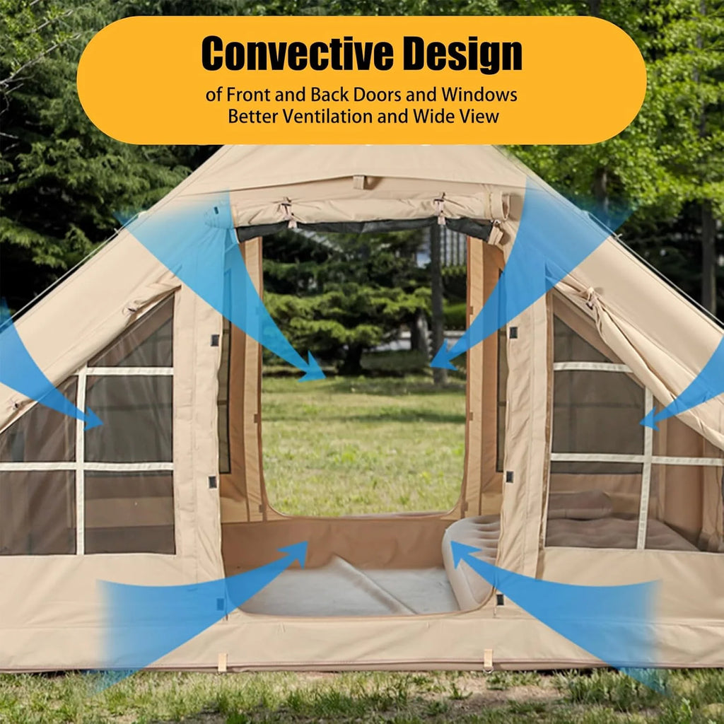 Inflatable Camping Tents With Hand Pump, Air Glamping Tents, Easy SetupWaterproofand Windproof Blow Up Tent, 4 Seasons Oxford Cabin Tent With esh &ChimneyWindow.