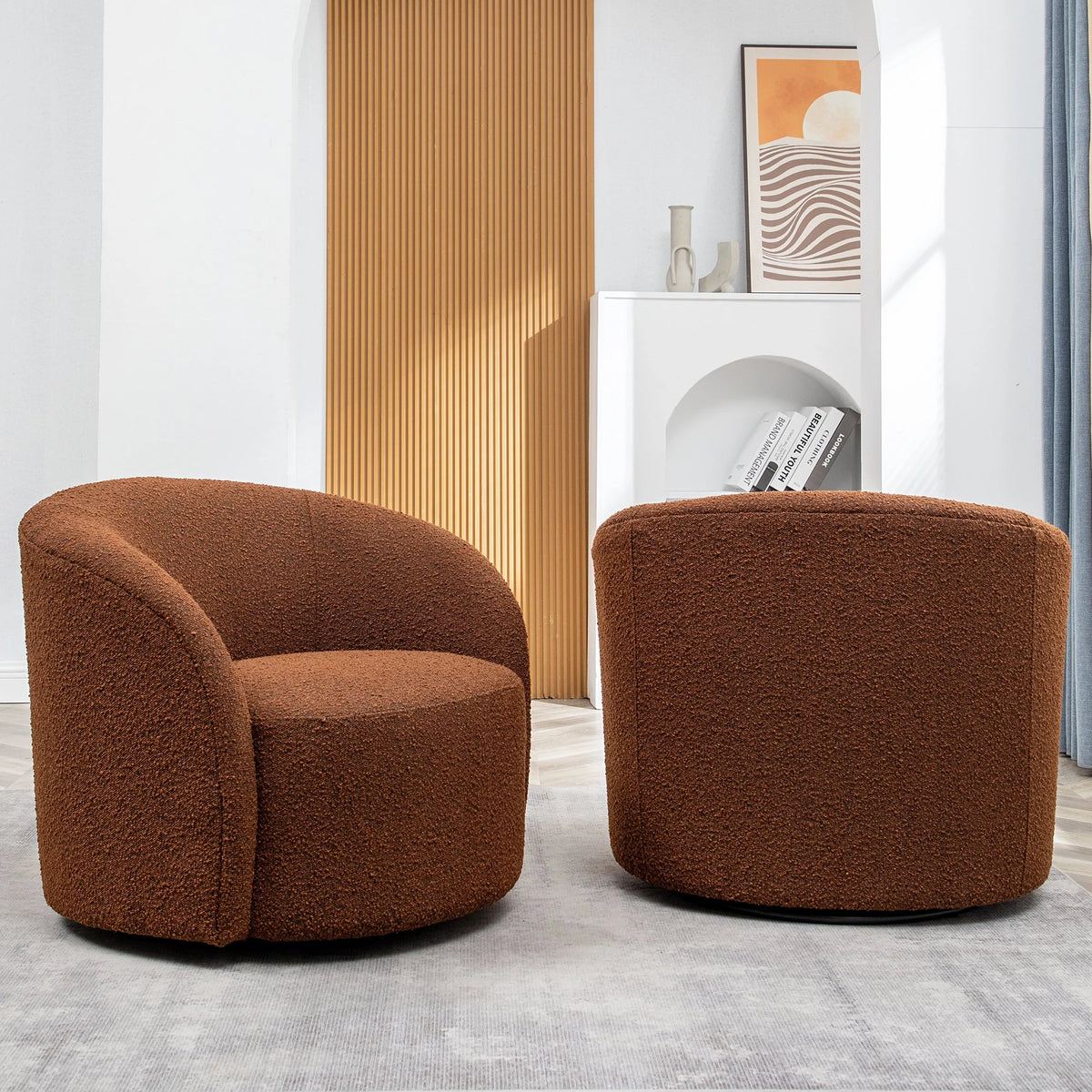 34" W Mid Century Modern Swivel Barrel Chair, Round Upholstered Boucle Swivel Accent Chairs, No Assembly Sofa Chair for Living Room Bedroom Reading Apartment Lounge Nursery(Cream)
