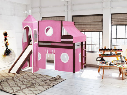 JACKPOT! Castle Low Loft Bed with Slide, Red Yellow and Blue Tent and Tower, Twin, Cherry