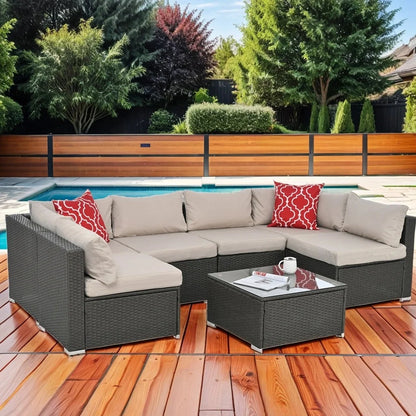 7 Pieces Outdoor Patio Furniture Set, Outdoor Sectional Rattan Sofa, PE Manual Weaving Wicker Patio Conversation Set with Cushion, Glass Table, Pillow, Dark Gray