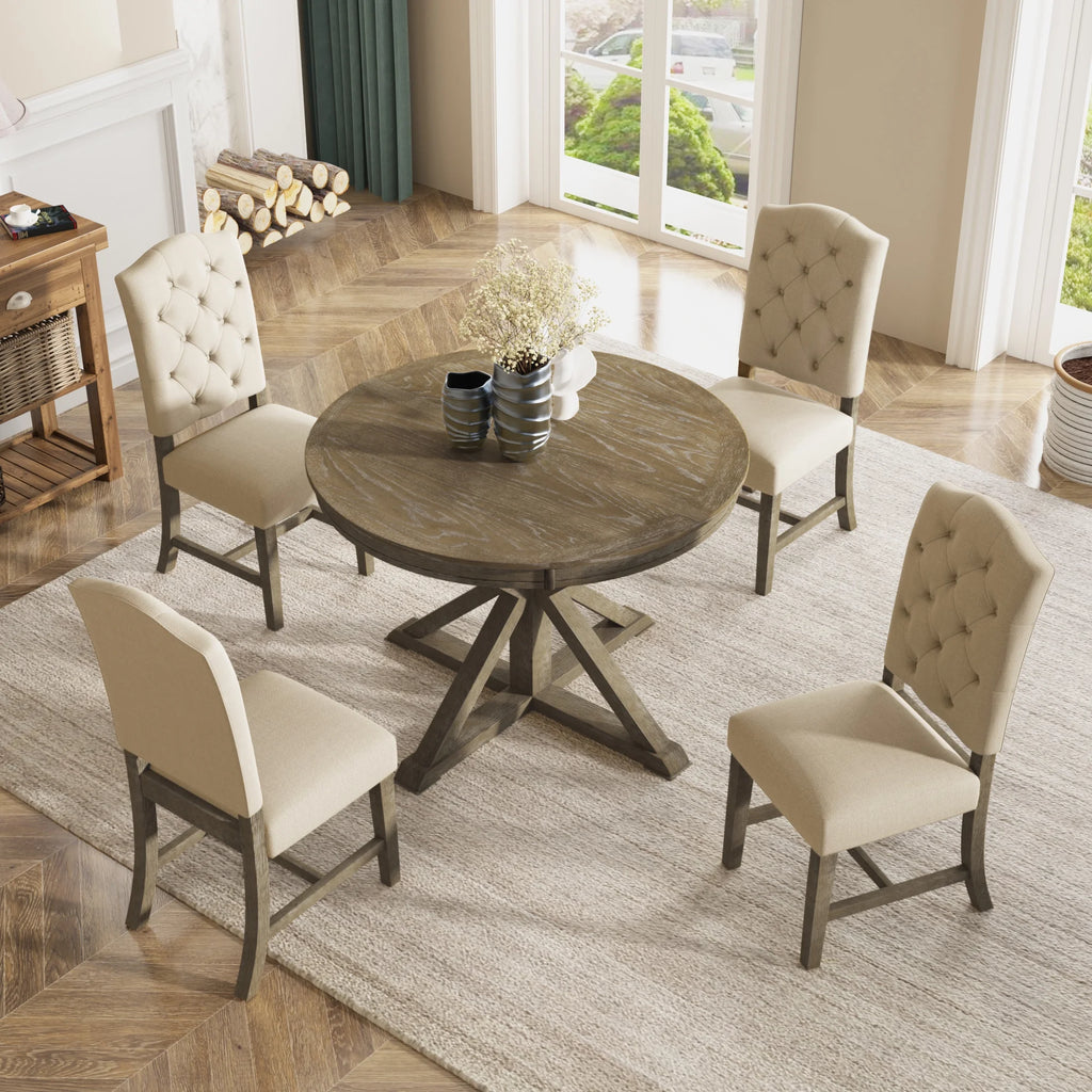 Besthome Farmhouse Extendable Round Kitchen Dining Room Table Set with Upholstered Chairs of 4, 5 Piece Round Dining Table Set with Extendable Table, Espresso