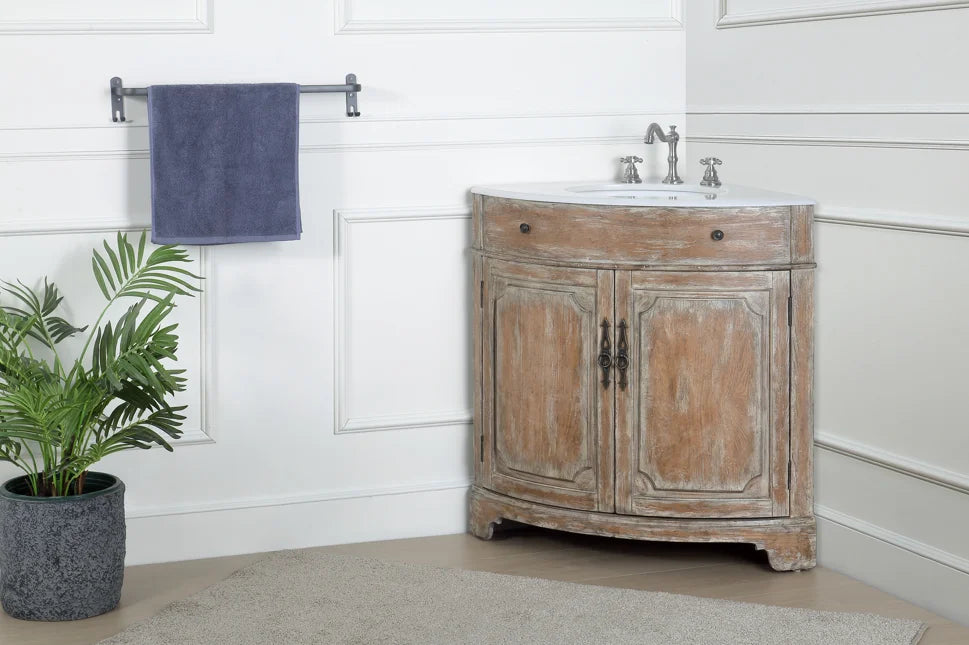 Benton Collection 24" Distressed Gray Corner Bathroom Vanity with White Quartz Top