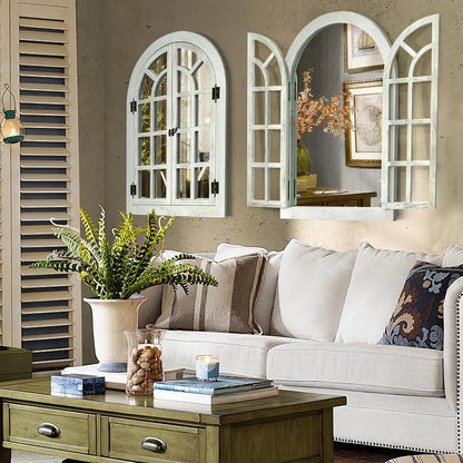 Window Mirrors for Wall Decor -White Arched Wall Mirror Farmhouse Wall Decor Wood Frame Decorative Wall Mirrors Like Window for Bedroom, Living Room, Entrance, Dining Room