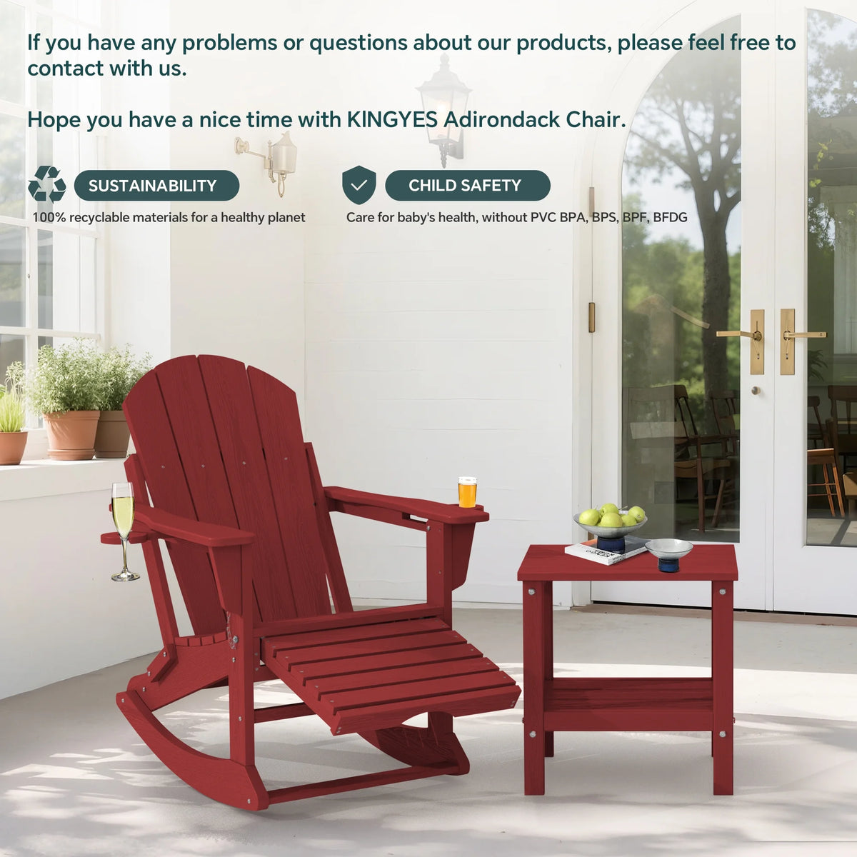 KINGYES Folding Adirondack Rocker Chair Set of 2 W/ Footrest & Dual Cup Holders, HDPE Outdoor Patio Rocking Chair, Black