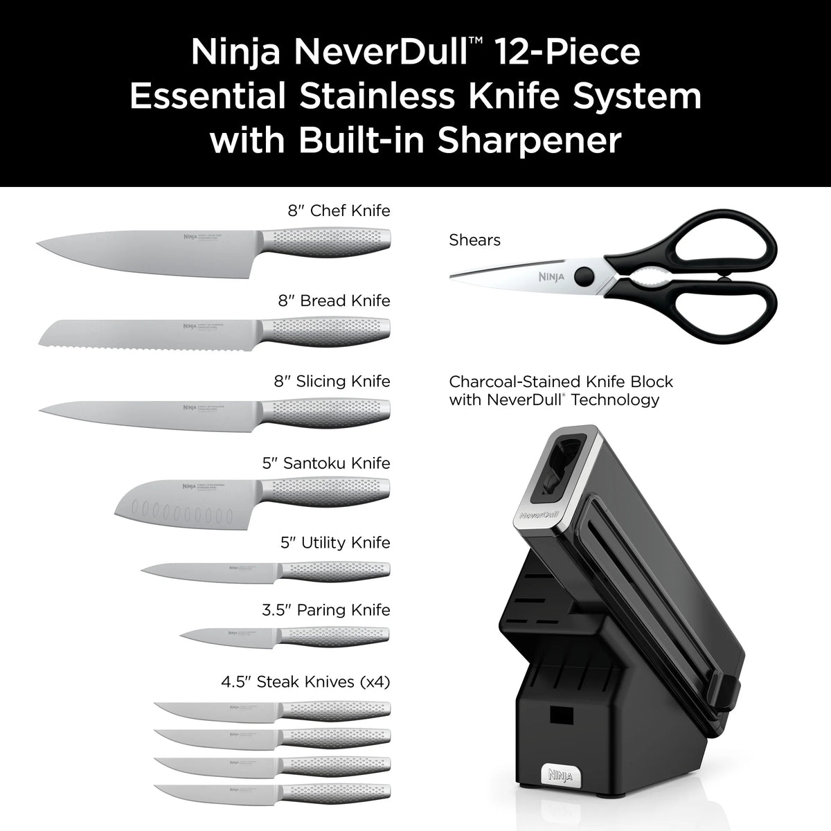 Ninja NeverDull Essential 12-Piece Stainless Steel Knife Set with Built-in Sharpener, K22012