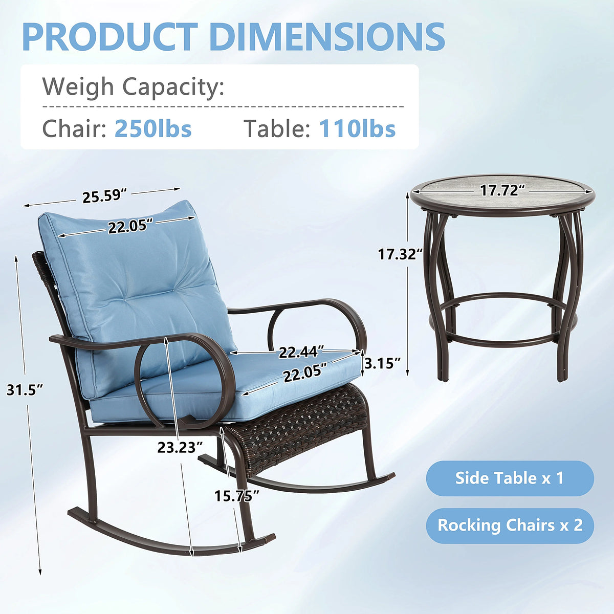 Outdoor Conversation Set of 3, Outdoor Patio Rocking Chair Set with Cushions & Coffee Table, All Weather Wicker Patio Furniture Set, Ideal for Patio, Poolside, Yard, Deck, Coffee Bar